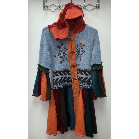 Snuggle Pants Sweaters - Upcycled Fairy Elf Gypsy Hood Sweater Jacket Coat Colorful patchwork boho Small?